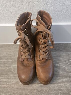 Flexi Brown Leather Lace Up Combat Ankle Boots Heeled Side Zip Comfort